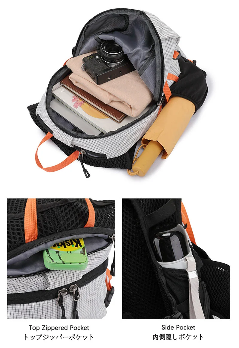 Guangzhou Fuliya Industry Co.,Ltd C-81358 Lightweight outdoor backpack breathable back system, built-in hydration compartment with outlet port, SOS whistle, water-resistant fabric, multi-pocket storage – ideal for hiking, trekking and travel.
