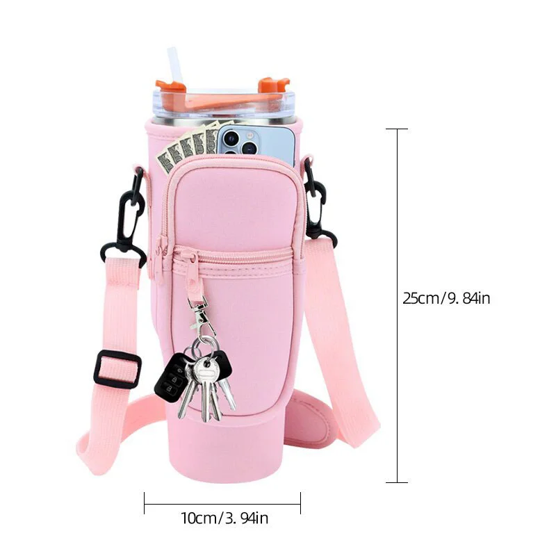 Guangzhou Fuliya Industry Co.,Ltd C-81360 Neoprene insulated cup holder with magnetic closure, adjustable adhesive back fits various cup sizes, wide shoulder strap for crossbody carry, large opening for easy access, plus a storage pocket for essentials.