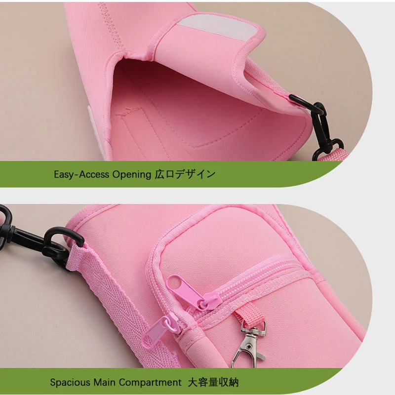 Guangzhou Fuliya Industry Co.,Ltd C-81360 Neoprene insulated cup holder with magnetic closure, adjustable adhesive back fits various cup sizes, wide shoulder strap for crossbody carry, large opening for easy access, plus a storage pocket for essentials.