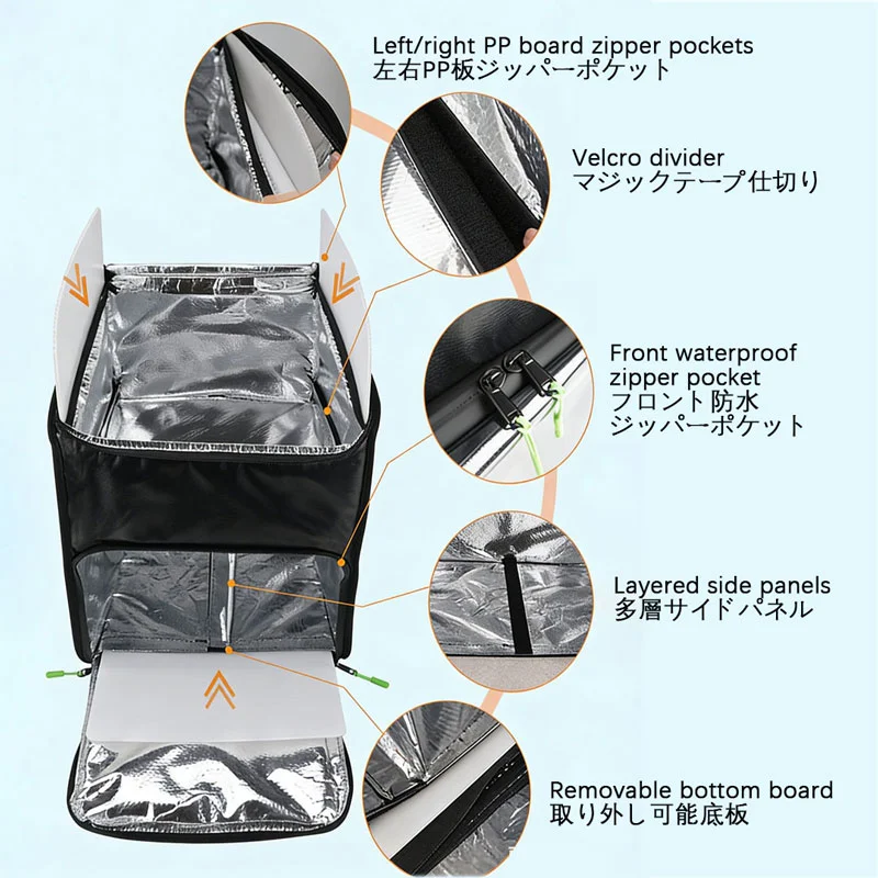 広州富麗雅実業有限会社 C-81361 防水折りたたみ両肩保温バッグ、保温保冷2-4時間、取り外し仕切り、反射ストリップ、冷熱分区 – 配達・ピクニックに。
