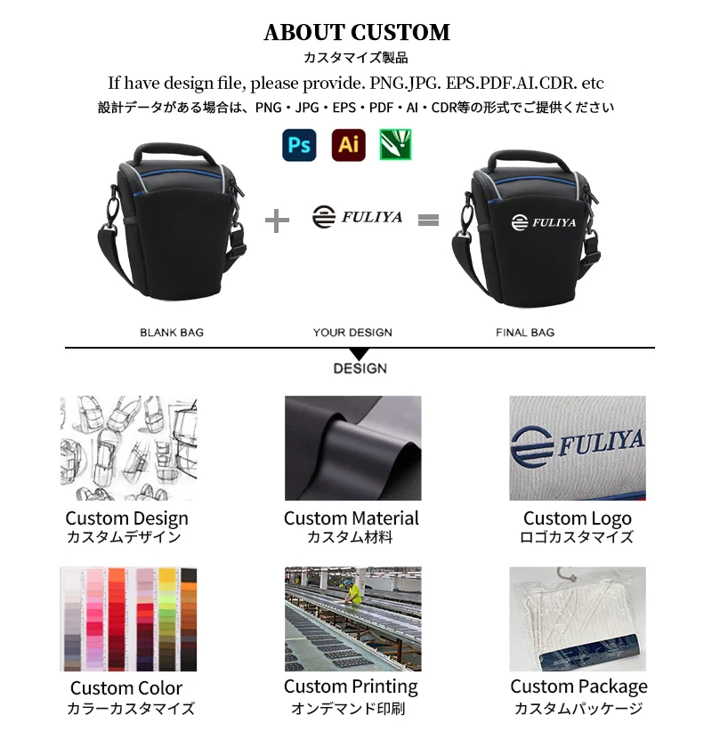 Guangzhou Fuliya Industry Co.,Ltd C-81372 Shockproof waterproof neoprene shoulder camera bag with anti-theft zipper, wear-resistant base, 3-way carry, and adjustable dividers, perfect for photography and travel.