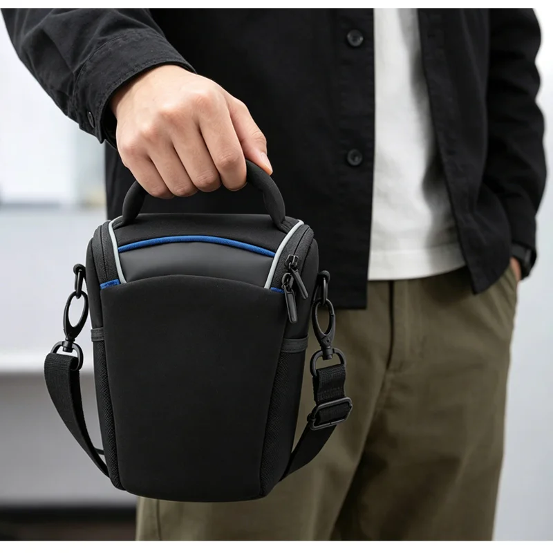 Guangzhou Fuliya Industry Co.,Ltd C-81372 Shockproof waterproof neoprene shoulder camera bag with anti-theft zipper, wear-resistant base, 3-way carry, and adjustable dividers, perfect for photography and travel.