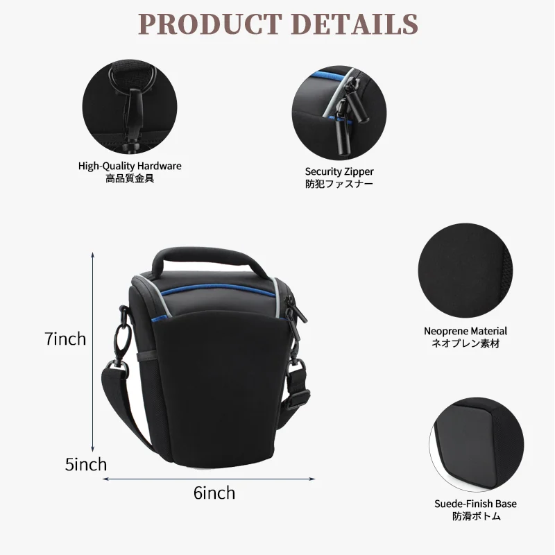 Guangzhou Fuliya Industry Co.,Ltd C-81372 Shockproof waterproof neoprene shoulder camera bag with anti-theft zipper, wear-resistant base, 3-way carry, and adjustable dividers, perfect for photography and travel.