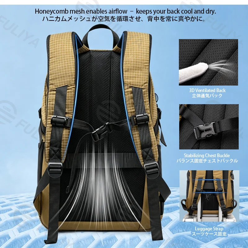 Guangzhou Fuliya Industry Co.,Ltd C-81463 Water-repellent, durable backpack with external attachments, large capacity, trolley sleeve, breathable back – for commuting, travel, and outdoor.
