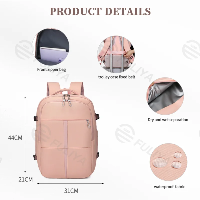 Guangzhou Fuliya Industry Co.,Ltd C-81001 Large-capacity backpack, water-resistant, 180° opening, shoe compartment, front zipper pocket, wet/dry pocket, USB port, and luggage strap - for commuting, travel, and school.
