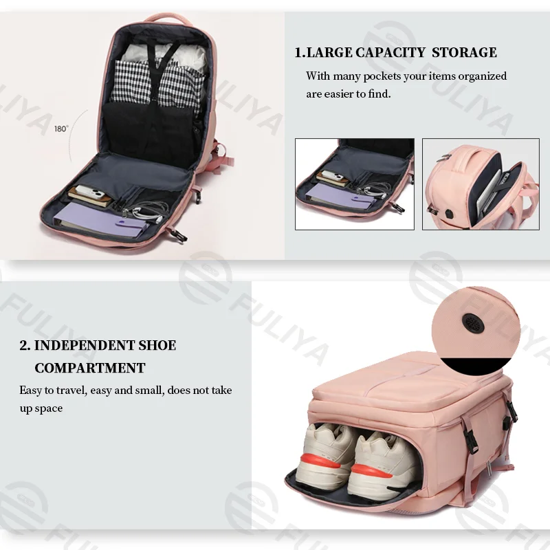 Guangzhou Fuliya Industry Co.,Ltd C-81001 Large-capacity backpack, water-resistant, 180° opening, shoe compartment, front zipper pocket, wet/dry pocket, USB port, and luggage strap - for commuting, travel, and school.