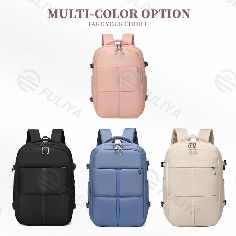 Guangzhou Fuliya Industry Co.,Ltd C-81001 Large-capacity backpack, water-resistant, 180° opening, shoe compartment, front zipper pocket, wet/dry pocket, USB port, and luggage strap - for commuting, travel, and school.