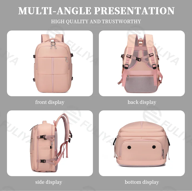 Guangzhou Fuliya Industry Co.,Ltd C-81001 Large-capacity backpack, water-resistant, 180° opening, shoe compartment, front zipper pocket, wet/dry pocket, USB port, and luggage strap - for commuting, travel, and school.