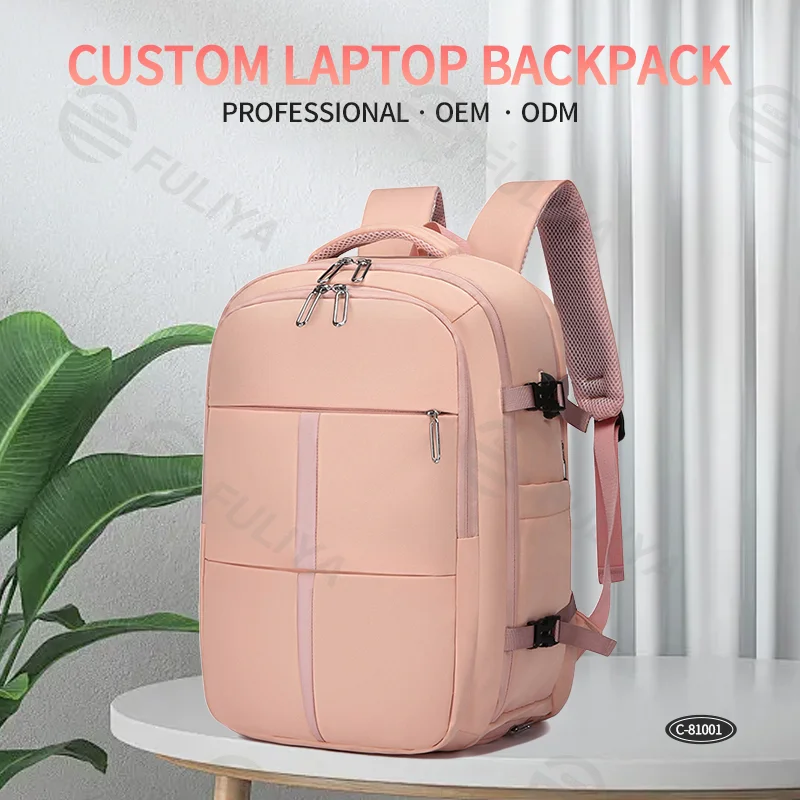 Guangzhou Fuliya Industry Co.,Ltd C-81001 Large-capacity backpack, water-resistant, 180° opening, shoe compartment, front zipper pocket, wet/dry pocket, USB port, and luggage strap - for commuting, travel, and school.