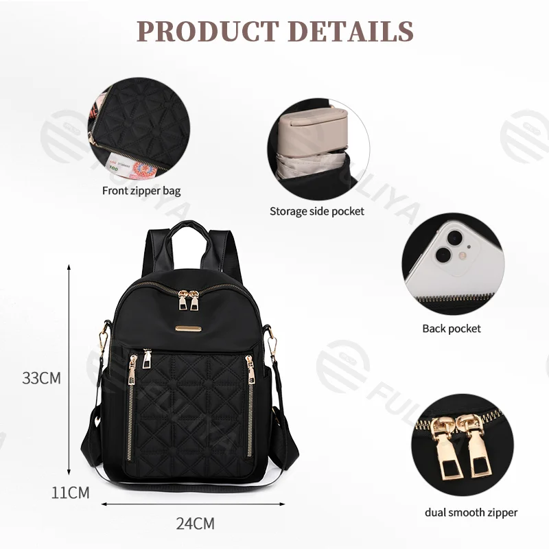 Guangzhou Fuliya Industry Co.,Ltd C-81003 Women's casual backpack, water-resistant, dirt-resistant Oxford fabric, large capacity, front zipper pocket, side pocket, back pocket, and comfortable handle - for commuting, travel, and daily use.
