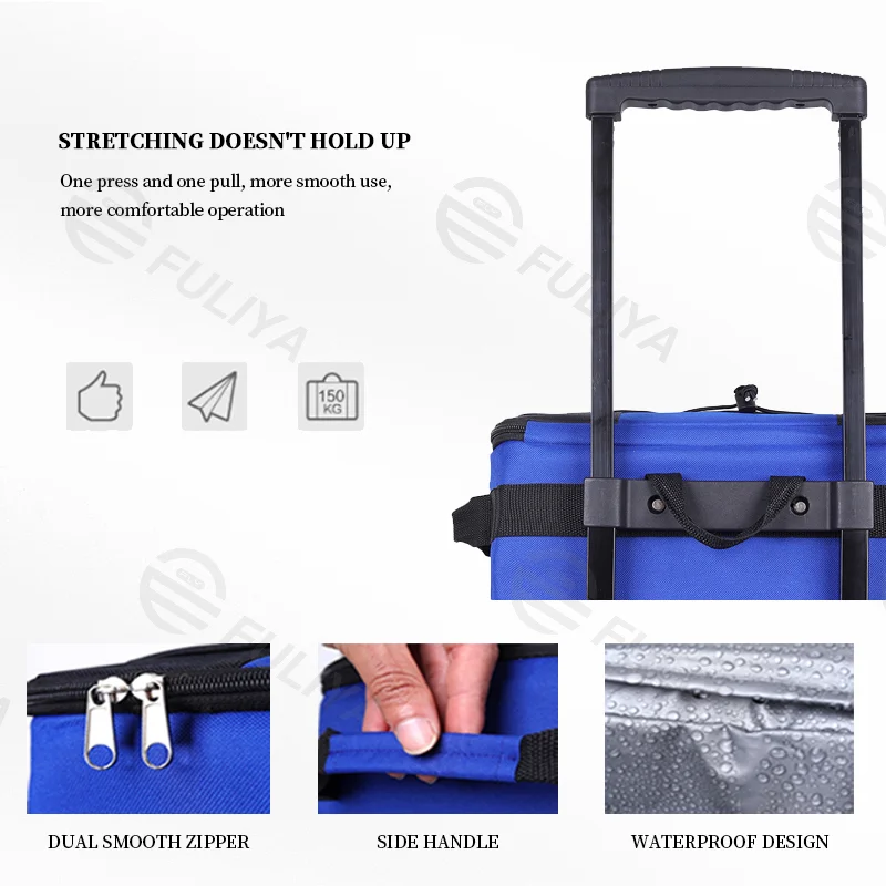 Guangzhou Fuliya Industry Co.,Ltd C-81004 Outdoor rolling cooler bag, 43L large capacity, water-resistant, silent dual wheels, telescopic handle, dual zipper, side handle, and front pocket - for camping, picnics, car travel, and trips.