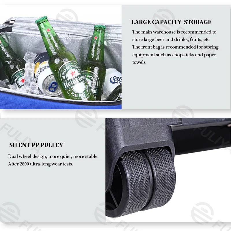 Guangzhou Fuliya Industry Co.,Ltd C-81004 Outdoor rolling cooler bag, 43L large capacity, water-resistant, silent dual wheels, telescopic handle, dual zipper, side handle, and front pocket - for camping, picnics, car travel, and trips.