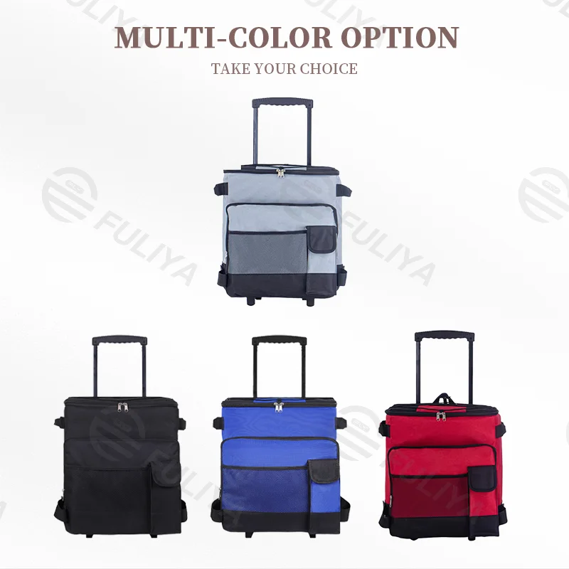 Guangzhou Fuliya Industry Co.,Ltd C-81004 Outdoor rolling cooler bag, 43L large capacity, water-resistant, silent dual wheels, telescopic handle, dual zipper, side handle, and front pocket - for camping, picnics, car travel, and trips.