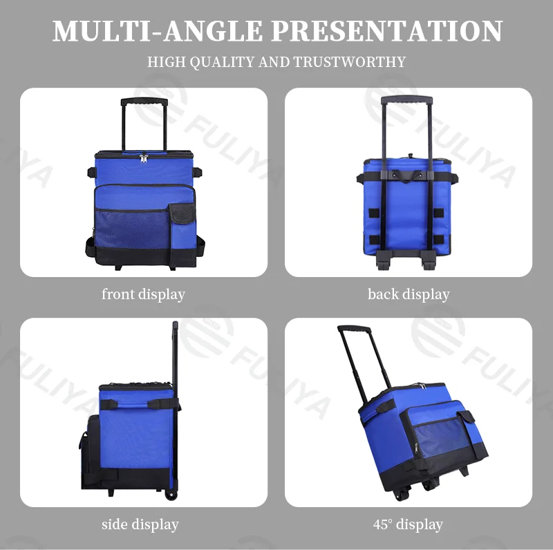 Guangzhou Fuliya Industry Co.,Ltd C-81004 Outdoor rolling cooler bag, 43L large capacity, water-resistant, silent dual wheels, telescopic handle, dual zipper, side handle, and front pocket - for camping, picnics, car travel, and trips.