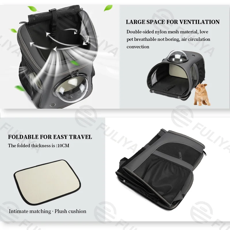 Guangzhou Fuliya Industry Co.,Ltd C-81006 Pet travel backpack, spacious and breathable, transparent window, honeycomb mesh, multi-opening zippers, washable plush pad, spine-protection straps, and foldable design - for cats, dogs, and travel.
