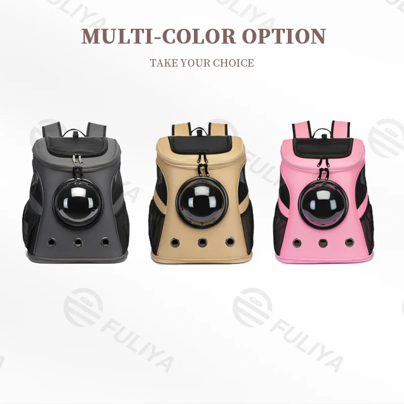 Guangzhou Fuliya Industry Co.,Ltd C-81006 Pet travel backpack, spacious and breathable, transparent window, honeycomb mesh, multi-opening zippers, washable plush pad, spine-protection straps, and foldable design - for cats, dogs, and travel.
