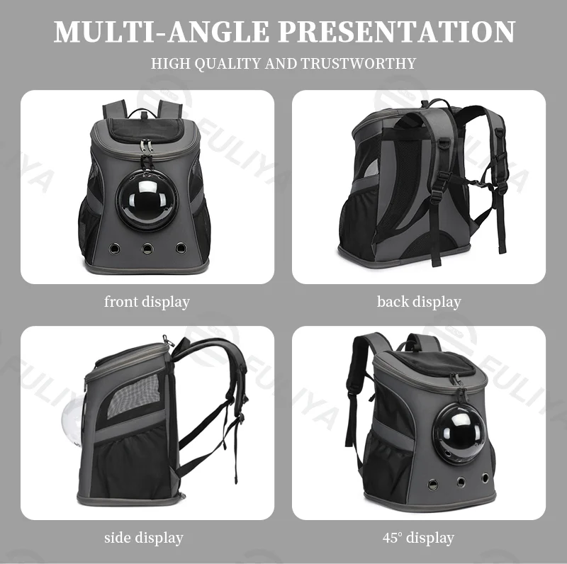 Guangzhou Fuliya Industry Co.,Ltd C-81006 Pet travel backpack, spacious and breathable, transparent window, honeycomb mesh, multi-opening zippers, washable plush pad, spine-protection straps, and foldable design - for cats, dogs, and travel.