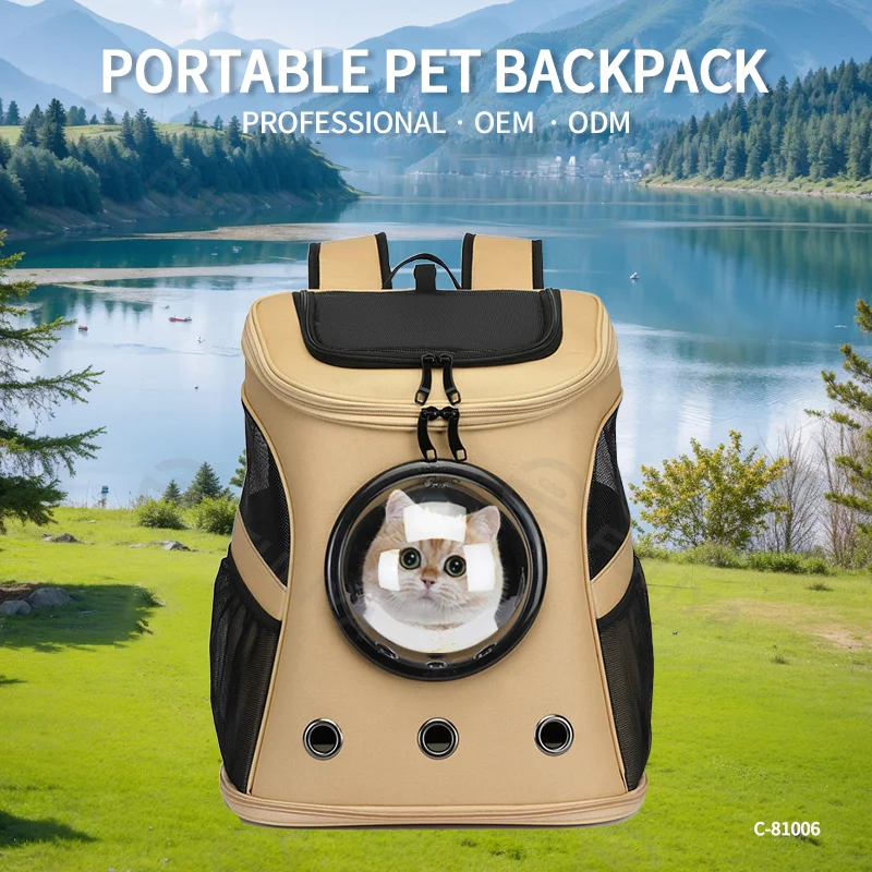 Guangzhou Fuliya Industry Co.,Ltd C-81006 Pet travel backpack, spacious and breathable, transparent window, honeycomb mesh, multi-opening zippers, washable plush pad, spine-protection straps, and foldable design - for cats, dogs, and travel.