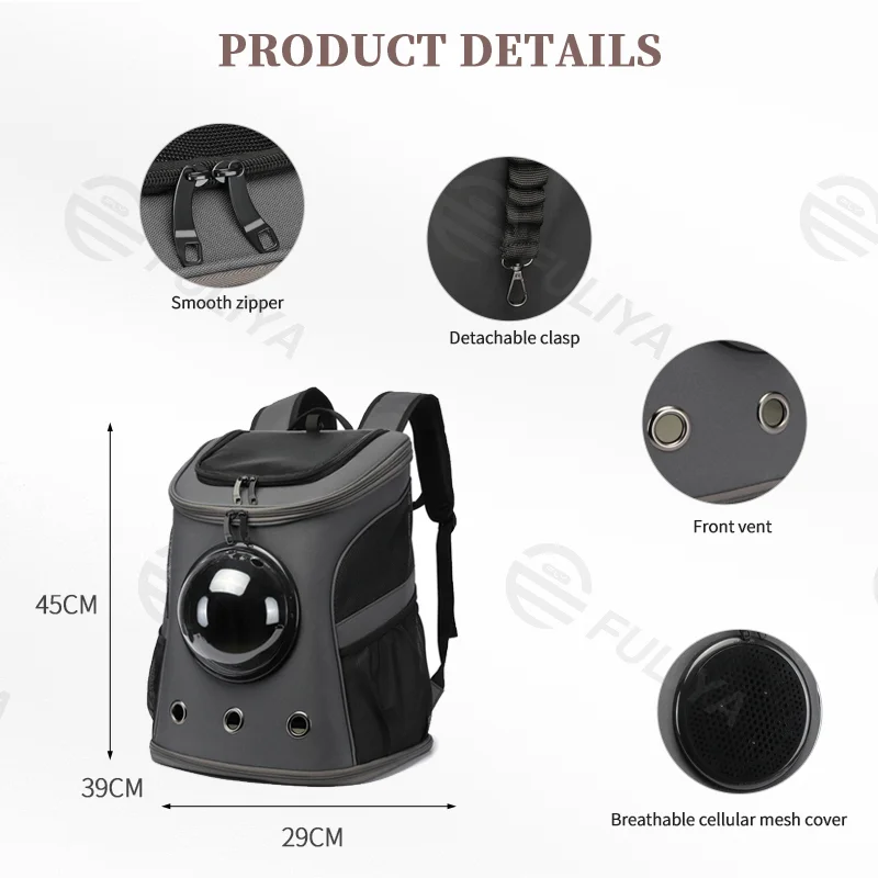 Guangzhou Fuliya Industry Co.,Ltd C-81006 Pet travel backpack, spacious and breathable, transparent window, honeycomb mesh, multi-opening zippers, washable plush pad, spine-protection straps, and foldable design - for cats, dogs, and travel.