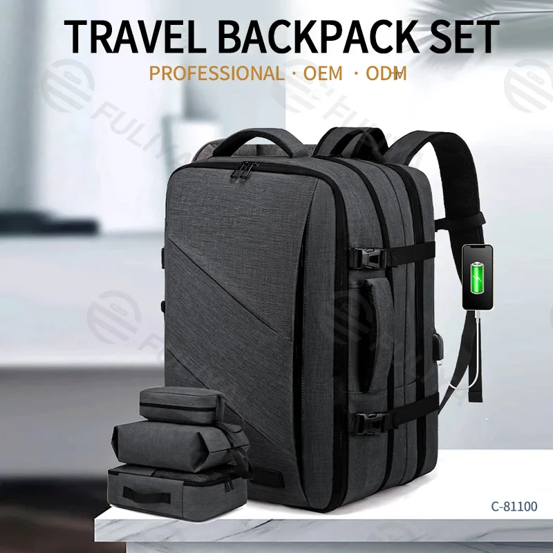 Guangzhou Fuliya Industry Co.,Ltd C-81100 Business backpack, waterproof and expandable (30L→40L), large capacity, 17-inch laptop compartment, hidden bottle pockets, USB port, and luggage strap - for business trips, travel, and commuting.