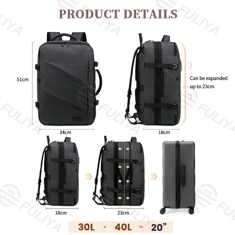 Guangzhou Fuliya Industry Co.,Ltd C-81100 Business backpack, waterproof and expandable (30L→40L), large capacity, 17-inch laptop compartment, hidden bottle pockets, USB port, and luggage strap - for business trips, travel, and commuting.