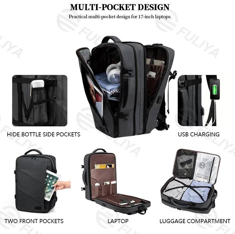 Guangzhou Fuliya Industry Co.,Ltd C-81100 Business backpack, waterproof and expandable (30L→40L), large capacity, 17-inch laptop compartment, hidden bottle pockets, USB port, and luggage strap - for business trips, travel, and commuting.