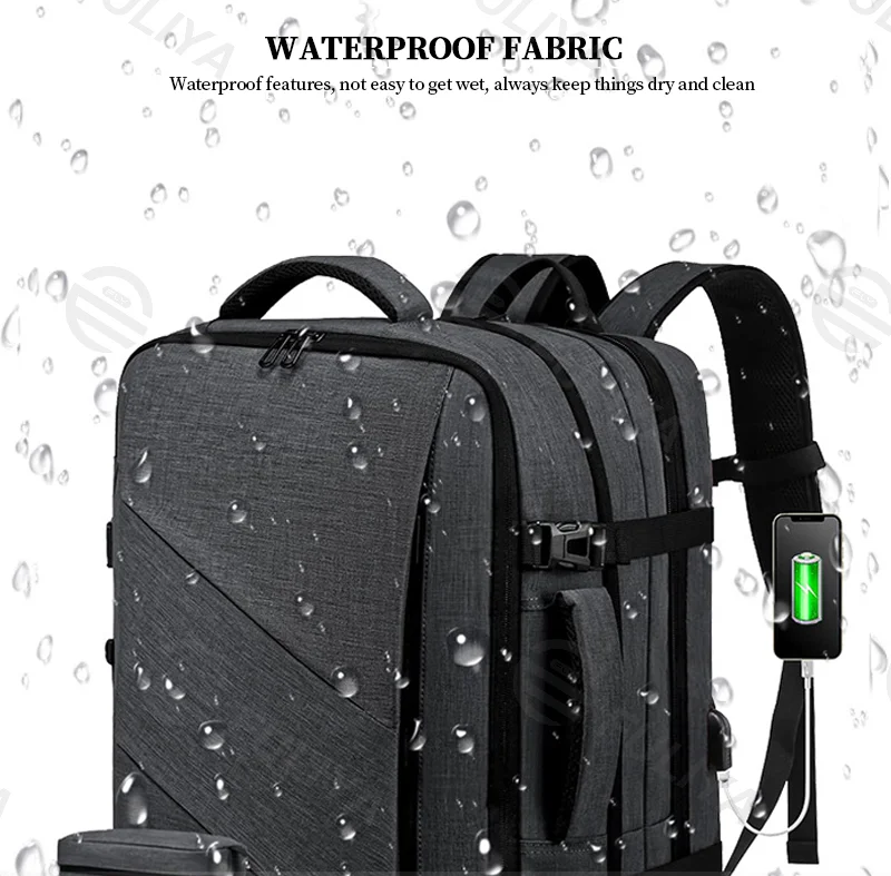 Guangzhou Fuliya Industry Co.,Ltd C-81100 Business backpack, waterproof and expandable (30L→40L), large capacity, 17-inch laptop compartment, hidden bottle pockets, USB port, and luggage strap - for business trips, travel, and commuting.