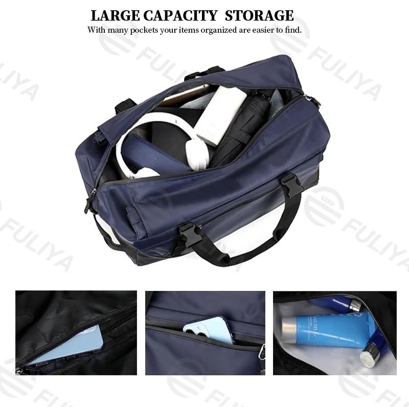 Guangzhou Fuliya Industry Co.,Ltd C-81101 Multi-functional travel gym bag, waterproof nylon, large capacity, detachable strap, dual zipper, and luggage strap - hand, shoulder, crossbody, or backpack carry for travel, fitness, and business trips.