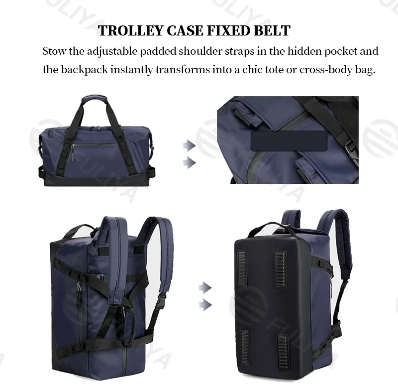 Guangzhou Fuliya Industry Co.,Ltd C-81101 Multi-functional travel gym bag, waterproof nylon, large capacity, detachable strap, dual zipper, and luggage strap - hand, shoulder, crossbody, or backpack carry for travel, fitness, and business trips.