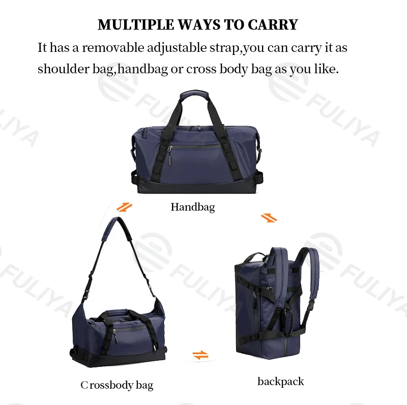 Guangzhou Fuliya Industry Co.,Ltd C-81101 Multi-functional travel gym bag, waterproof nylon, large capacity, detachable strap, dual zipper, and luggage strap - hand, shoulder, crossbody, or backpack carry for travel, fitness, and business trips.