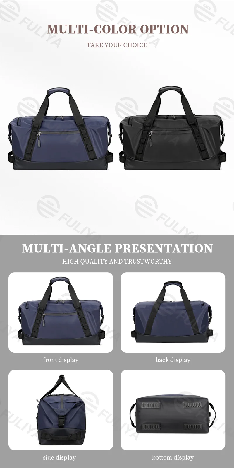 Guangzhou Fuliya Industry Co.,Ltd C-81101 Multi-functional travel gym bag, waterproof nylon, large capacity, detachable strap, dual zipper, and luggage strap - hand, shoulder, crossbody, or backpack carry for travel, fitness, and business trips.
