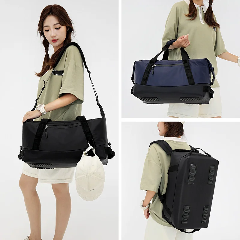 Guangzhou Fuliya Industry Co.,Ltd C-81101 Multi-functional travel gym bag, waterproof nylon, large capacity, detachable strap, dual zipper, and luggage strap - hand, shoulder, crossbody, or backpack carry for travel, fitness, and business trips.