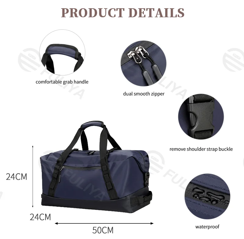 Guangzhou Fuliya Industry Co.,Ltd C-81101 Multi-functional travel gym bag, waterproof nylon, large capacity, detachable strap, dual zipper, and luggage strap - hand, shoulder, crossbody, or backpack carry for travel, fitness, and business trips.