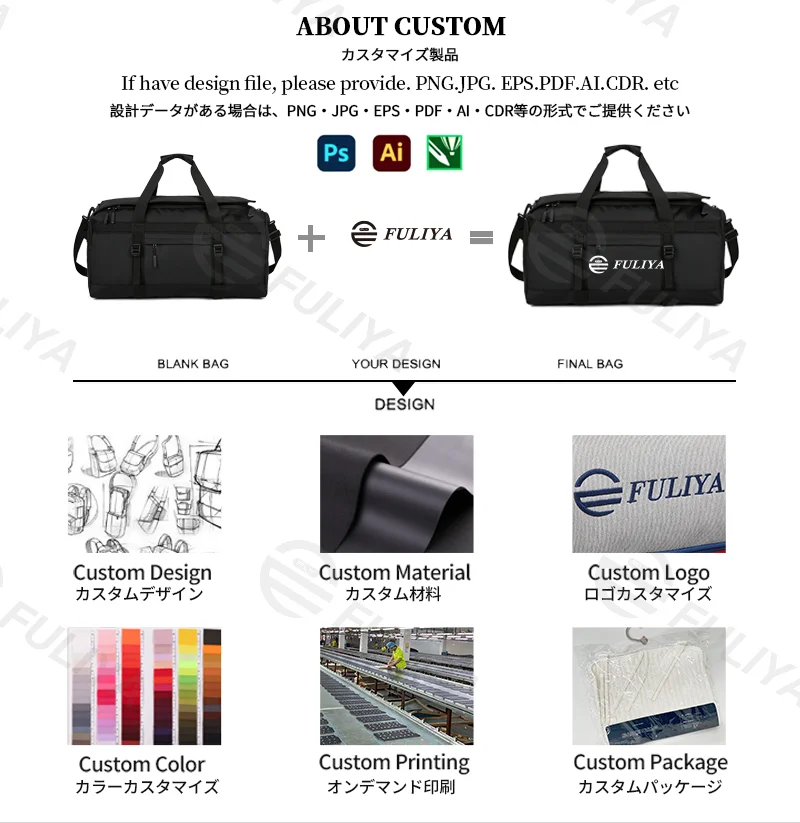 Guangzhou Fuliya Industry Co.,Ltd C-81103 Portable sports travel bag, waterproof fabric, large capacity, comfortable handle, dual zipper, and adjustable strap - hand, shoulder, or backpack carry for fitness, sports, and travel.