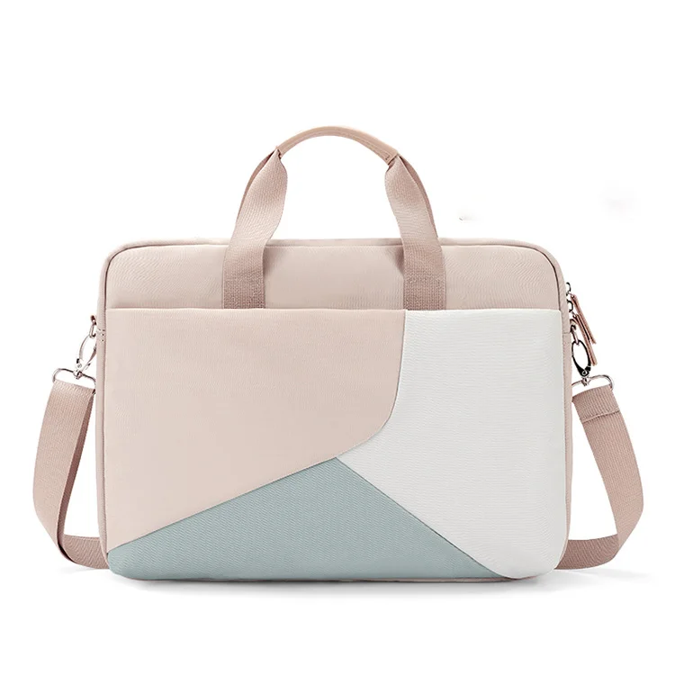 Guangzhou Fuliya Industry Co.,Ltd C-81104 Color-block laptop handbag, waterproof fabric, large capacity, EVA shockproof laptop layer, adjustable strap, dual zipper, and comfortable handle - 13-16 inch options for commuting, business, and travel.