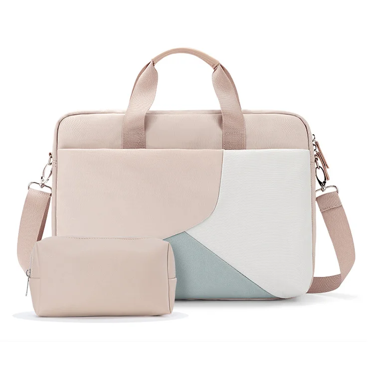 Guangzhou Fuliya Industry Co.,Ltd C-81104 Color-block laptop handbag, waterproof fabric, large capacity, EVA shockproof laptop layer, adjustable strap, dual zipper, and comfortable handle - 13-16 inch options for commuting, business, and travel.