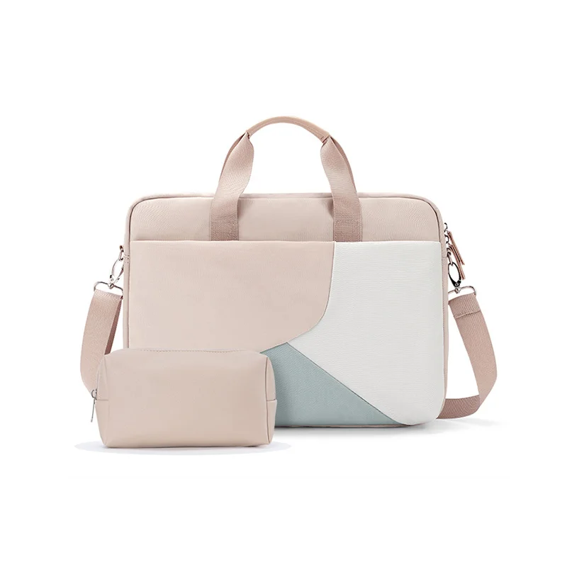 Guangzhou Fuliya Industry Co.,Ltd C-81104 Color-block laptop handbag, waterproof fabric, large capacity, EVA shockproof laptop layer, adjustable strap, dual zipper, and comfortable handle - 13-16 inch options for commuting, business, and travel.