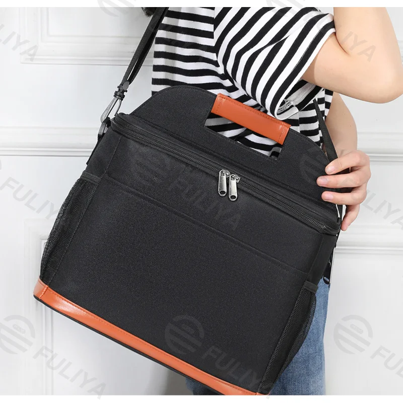 Guangzhou Fuliya Industry Co.,Ltd C-81107 Insulated cooler bag, 3-layer insulation, large capacity, bottle opener, detachable strap, and comfortable handle - hand or shoulder carry for picnics, office, and travel.