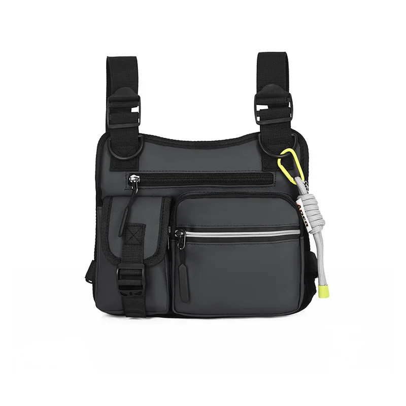 Guangzhou Fuliya Industry Co.,Ltd C-81114 Utility tactical vest chest bag, waterproof and wear-resistant, large capacity, adjustable strap, spring rope, hook, and reflective strips - for street, outdoor, and commuting.