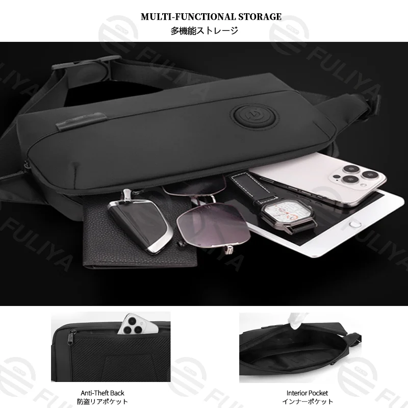 Guangzhou Fuliya Industry Co.,Ltd C-81115 Multi-functional waist bag, water-resistant, large capacity, quick-release buckle, wide shoulder strap, and anti-theft back pocket - chest, crossbody, or waist carry for commuting, travel, and outdoor.