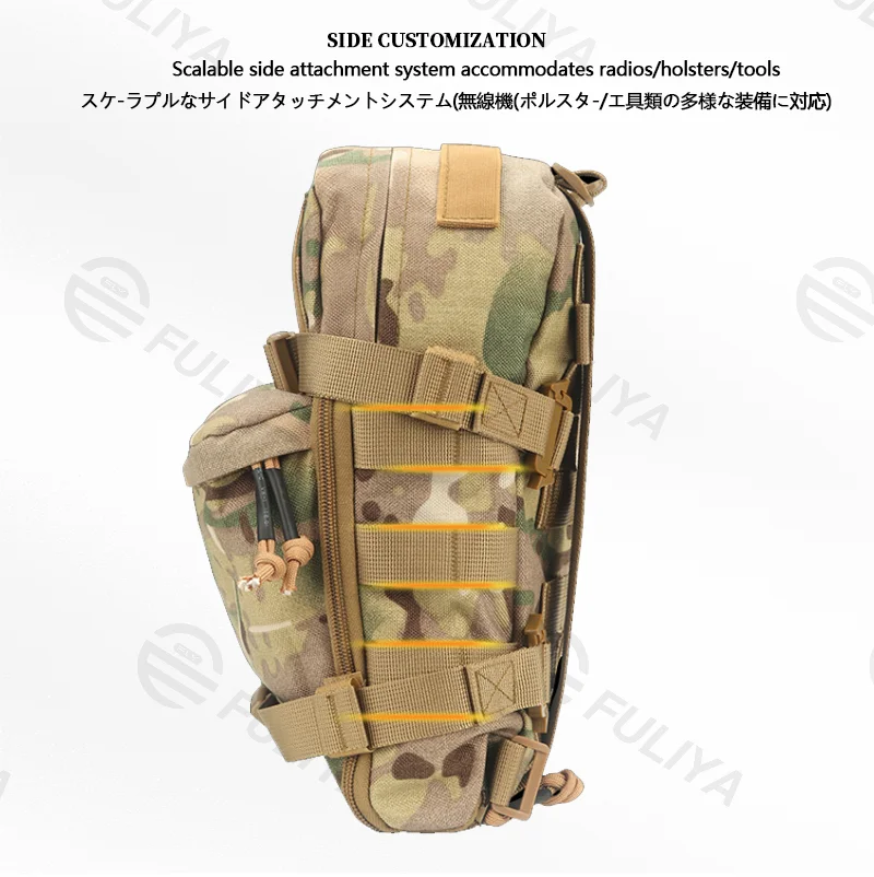 Guangzhou Fuliya Industry Co.,Ltd C-81124 Outdoor tactical hydration pack, 1000D Oxford wear-resistant and waterproof, large capacity, hydration compartment, MOLLE system, side zipper, and adjustment buckle - for outdoor, tactical, and cycling.
