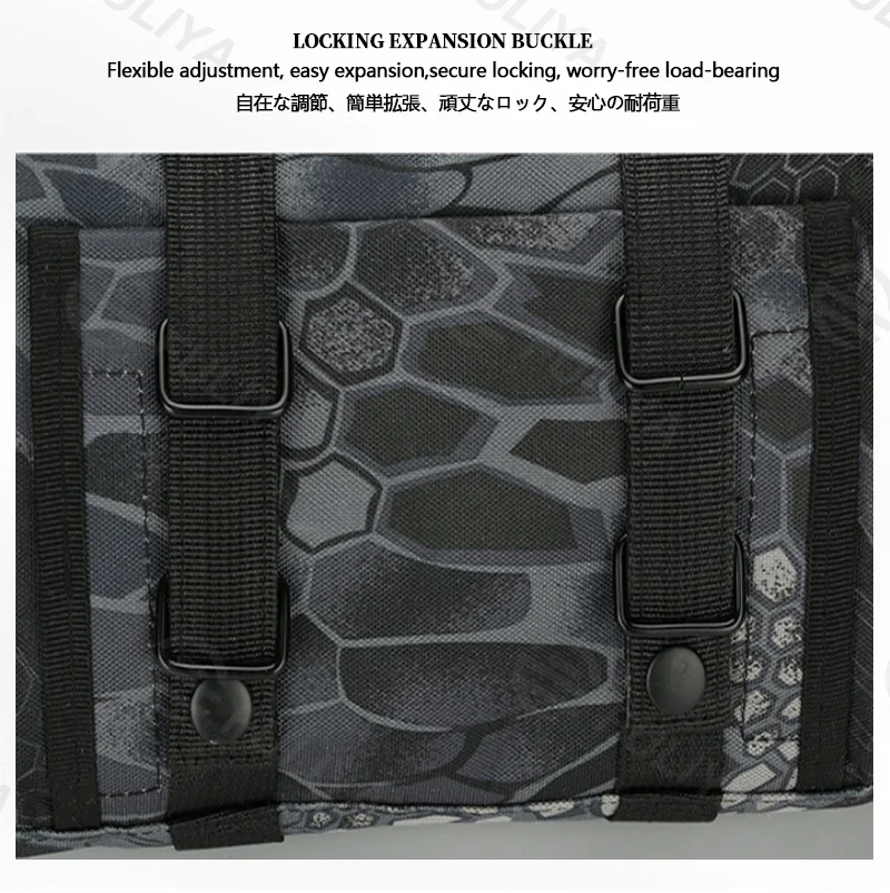 Guangzhou Fuliya Industry Co.,Ltd C-81125 Multi-functional tactical waist bag, water-resistant, large capacity, MOLLE system, and locking buckle - shoulder, backpack, hand, crossbody, or waist carry for outdoor, fishing, and photography.