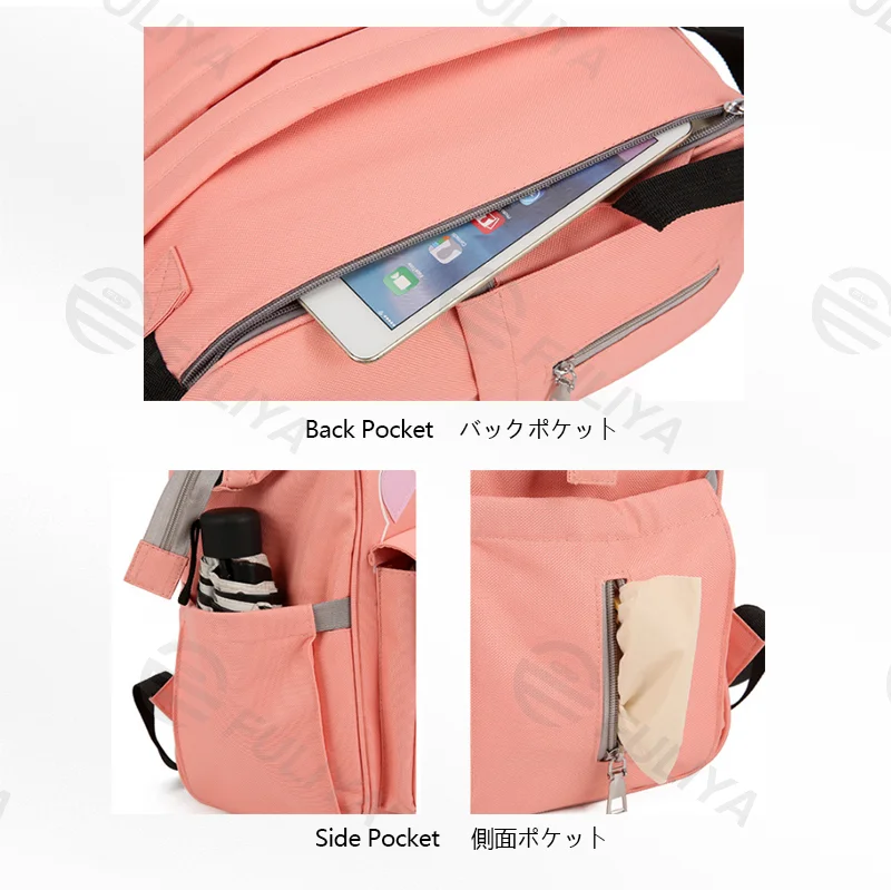 Guangzhou Fuliya Industry Co.,Ltd C-81127 Fashionable mommy backpack, water-resistant, large capacity, foil-insulated bottle pocket, magnetic snap, adjustable buckles, and side pocket - for baby outings and travel.