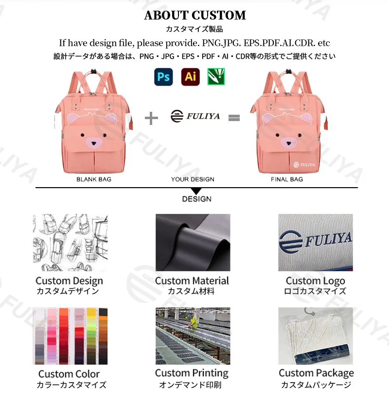 Guangzhou Fuliya Industry Co.,Ltd C-81127 Fashionable mommy backpack, water-resistant, large capacity, foil-insulated bottle pocket, magnetic snap, adjustable buckles, and side pocket - for baby outings and travel.