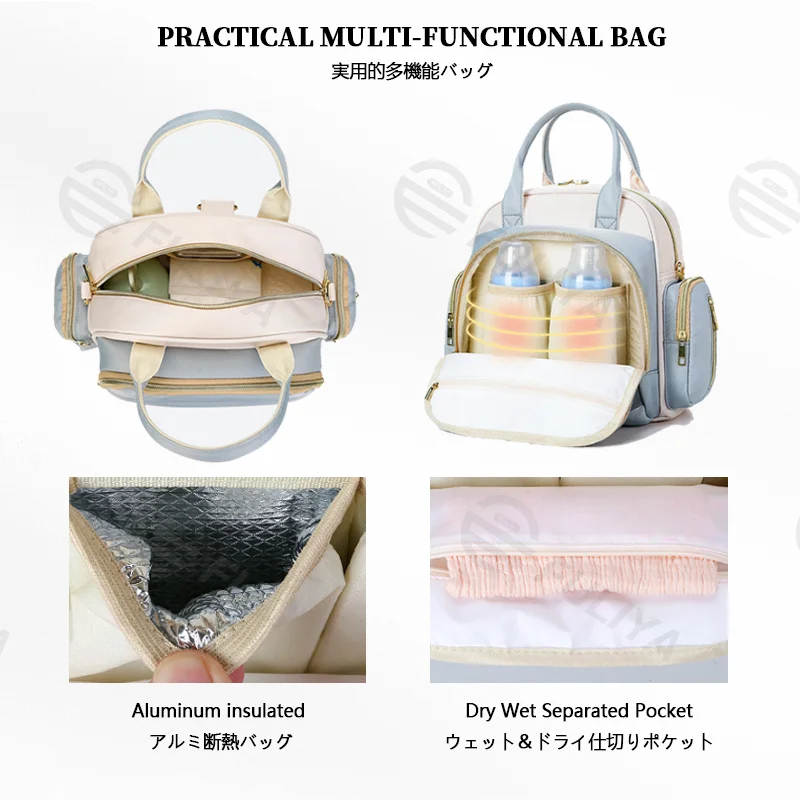 Guangzhou Fuliya Industry Co.,Ltd C-81132 Multi-functional mommy bag, water-resistant, large capacity, foil-insulated bag, wet/dry pocket, reflective strip, detachable hook, and luggage strap - hand, shoulder, crossbody, or backpack carry.