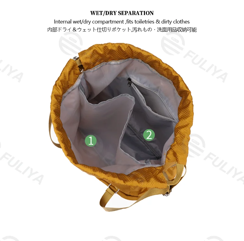 Guangzhou Fuliya Industry Co.,Ltd C-81134 Drawstring sports backpack, water-resistant, large capacity, shoe compartment, wet/dry pocket, front zipper pocket, and side pocket - for basketball, soccer, fitness, and outdoor.