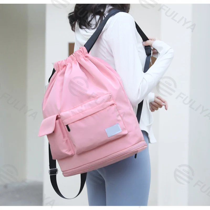 Guangzhou Fuliya Industry Co.,Ltd C-81136 Sports drawstring backpack, water-resistant, large capacity, wet/dry pocket, ball compartment, Velcro pocket, and front pocket - for swimming, basketball, fitness, and travel.