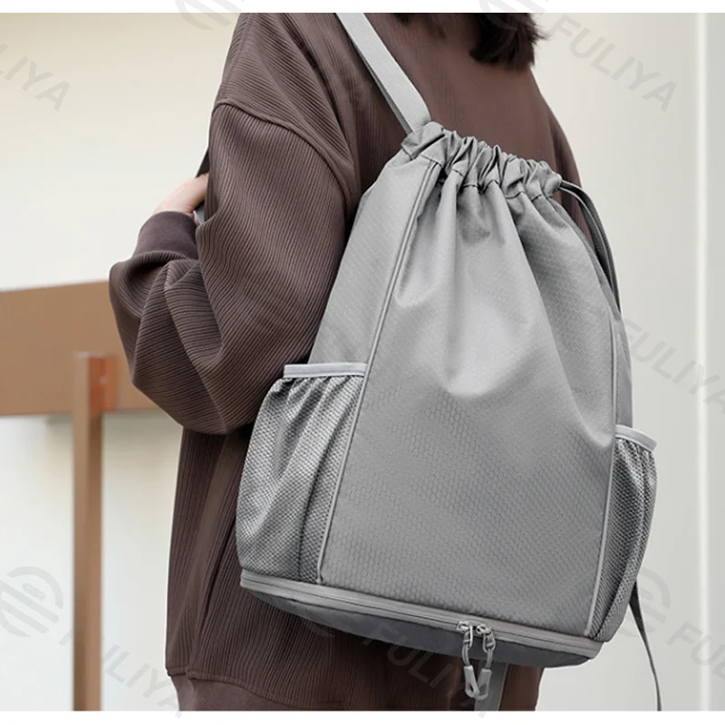 Guangzhou Fuliya Industry Co.,Ltd C-81137 Drawstring backpack, water-resistant, large capacity, shoe compartment, wet/dry pocket, ball compartment, and side pocket - for swimming, fitness, basketball, and outdoor.