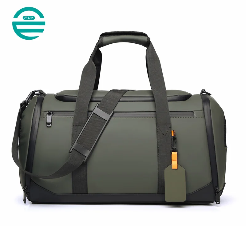 Guangzhou Fuliya Industry Co.,Ltd C-81140 Thick PU travel gym bag, water-resistant, large capacity, shoe compartment, wet/dry pocket, side pocket, back zipper pocket, and luggage strap - hand or crossbody carry for travel, fitness, and commuting.