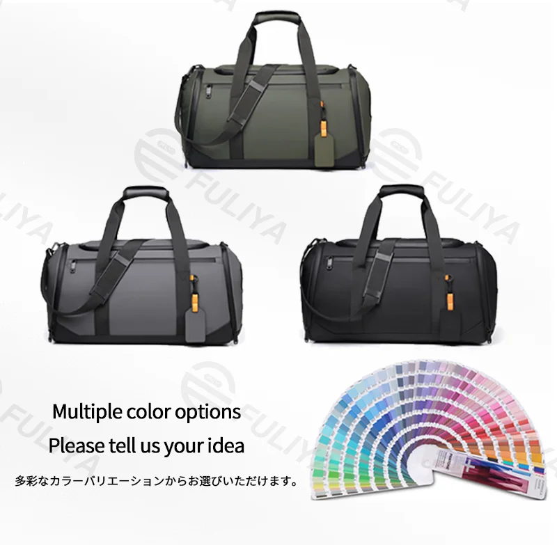 Guangzhou Fuliya Industry Co.,Ltd C-81140 Thick PU travel gym bag, water-resistant, large capacity, shoe compartment, wet/dry pocket, side pocket, back zipper pocket, and luggage strap - hand or crossbody carry for travel, fitness, and commuting.